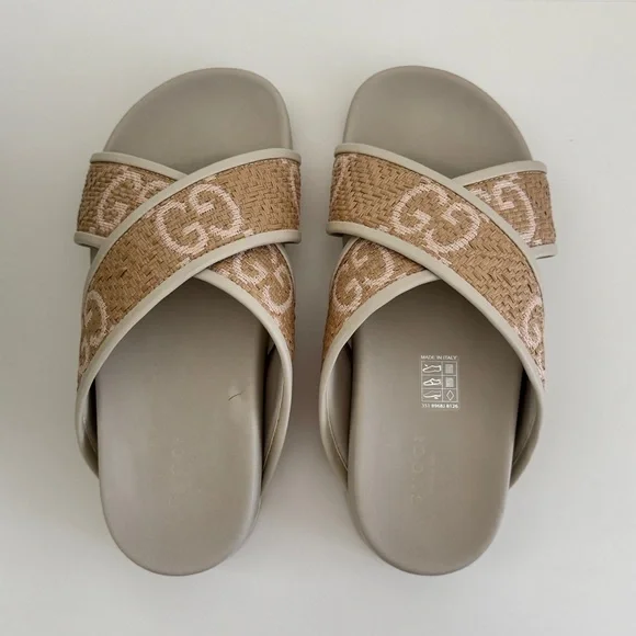 Gucci Rafia Chevron Beige and Pink Logo Women's Sandals Slides - Picture 2 of 9